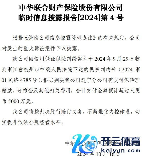 中华相连财险辽宁分公司被判赔超5000万元 因信用保证保障纠